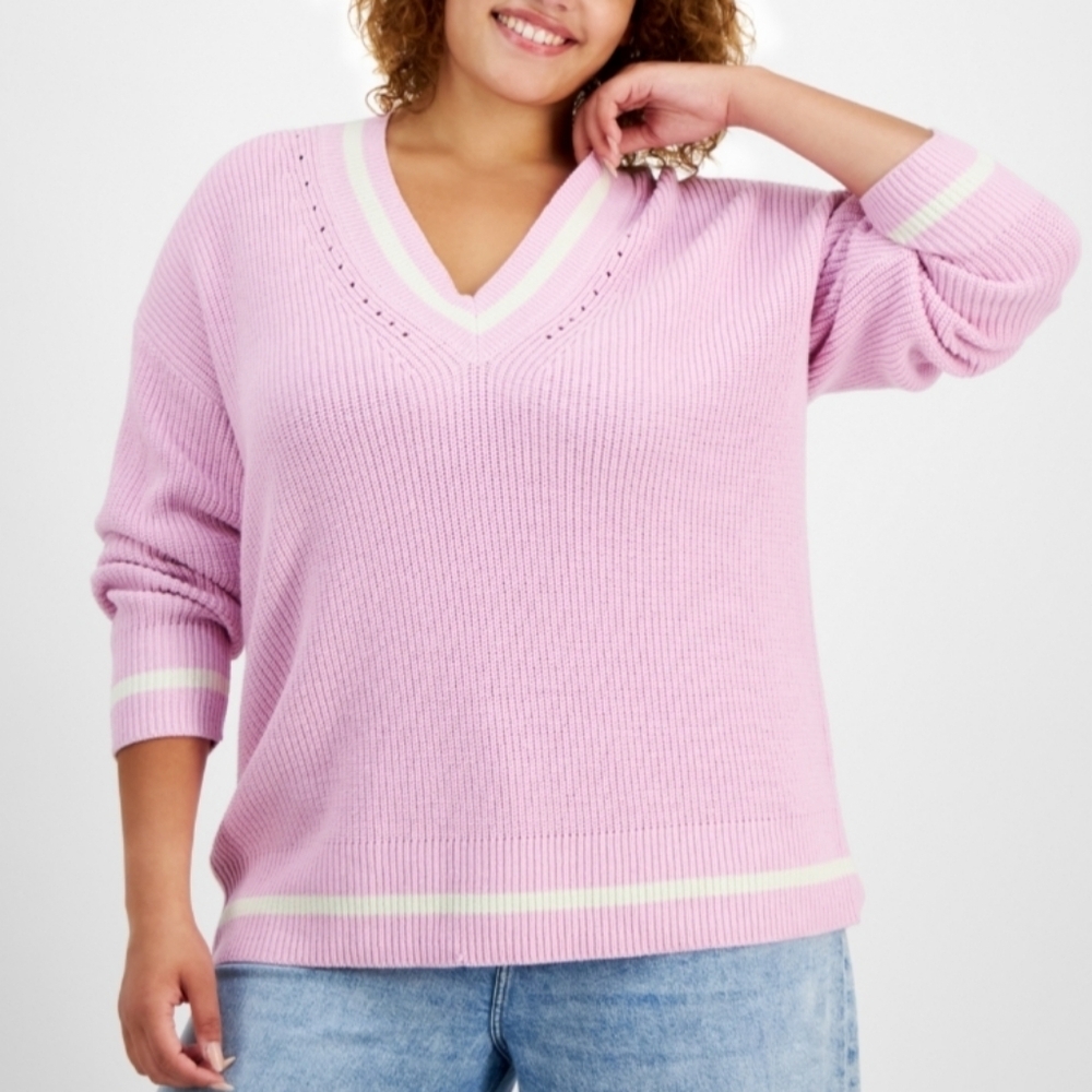 NWT On 34TH Cotton Blend Pink Lilac Oversized V-Neck Striped Knit Sweater Size L